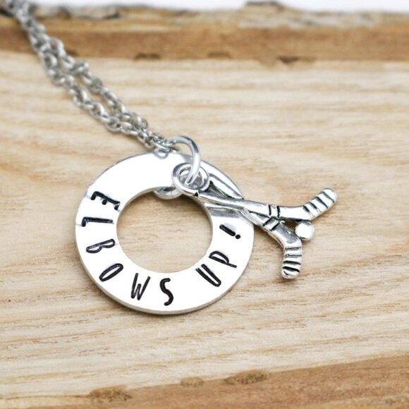Elbows Up! Hockey Hand Stamped Pendant Necklace - Handmade & Hypoallergenic - Picture 2 of 10